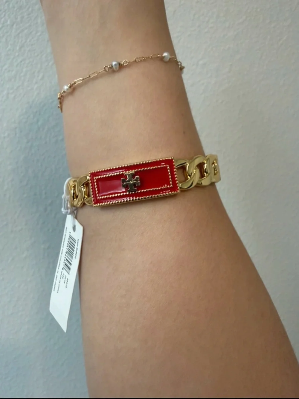 Tory Burch Gold Chain Bracelet with Red Enamel Link